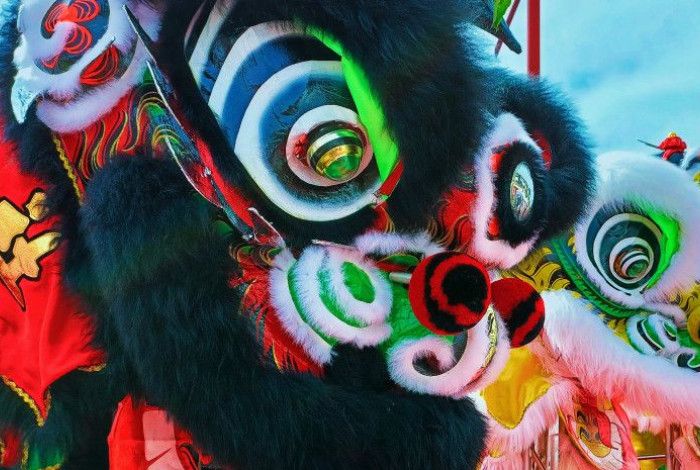 A close up of Lion puppet from the Lion Dance 