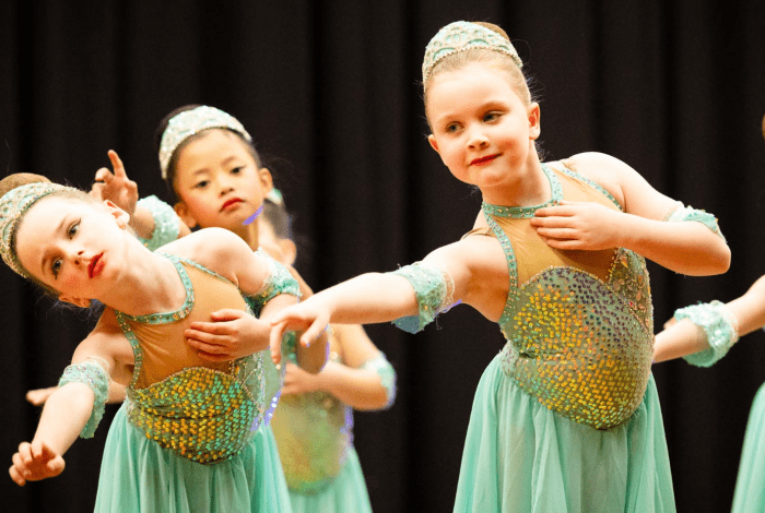 Children in sparkly costumes performing a calisthenics dance on stage