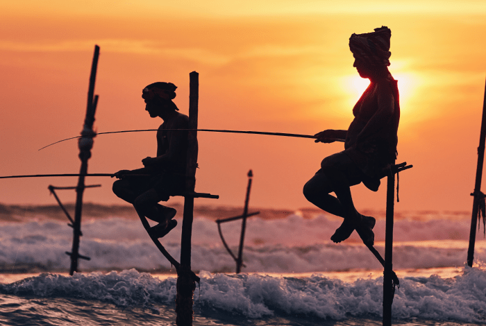 Silhoutte of figures fishing on wooden platforms by the coast.