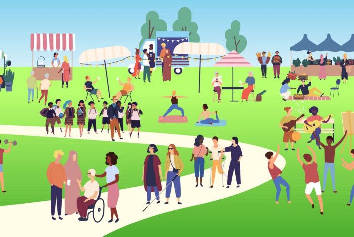 Illustration of various people and community groups enjoying an outdoor space