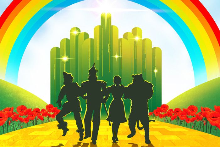Four people walking on a yellow brick road towards a rainbow