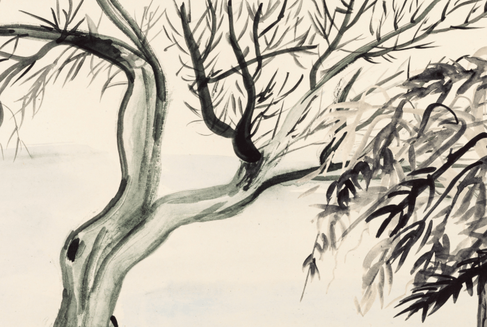 Black ink painting of trees.