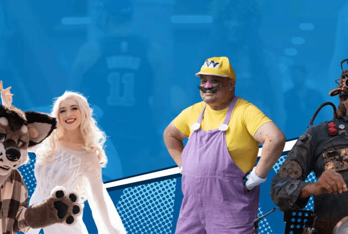 Four adults dressed in cosplay costumes