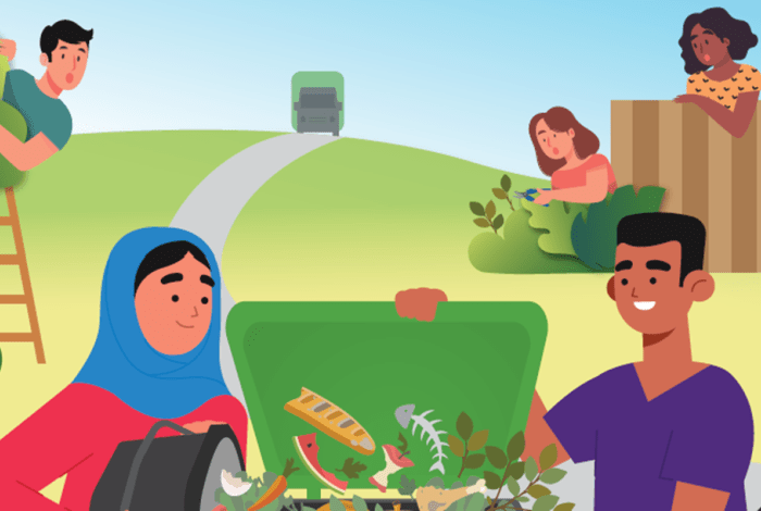 A drawing of people putting rubbish in the green bin