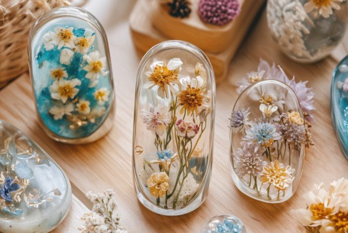 Collection of small resin flower art.