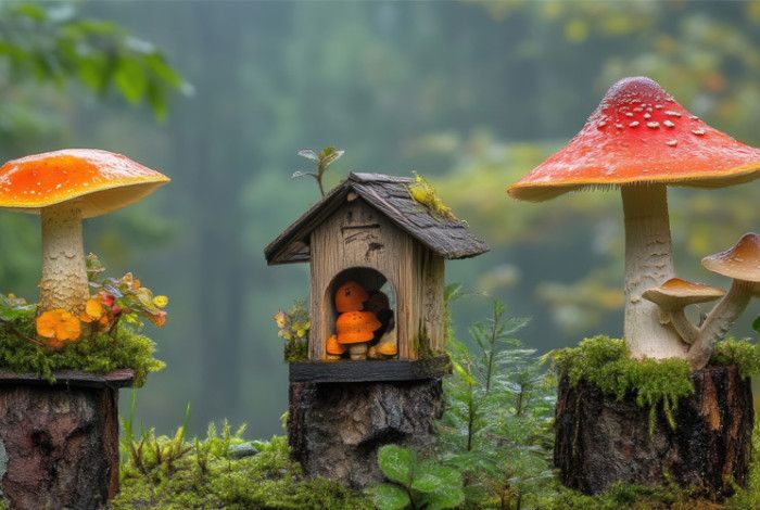 A miniture garden with wooden stumps, mushrooms and home