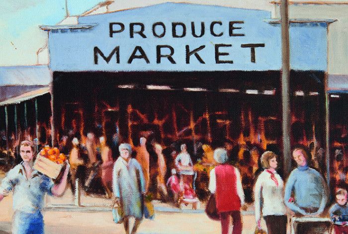 A drawing of people walking at the old Dandenong Market 