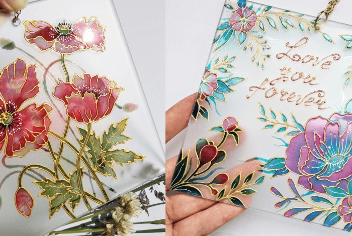Two decorative glass art panels featuring intricate floral designs.