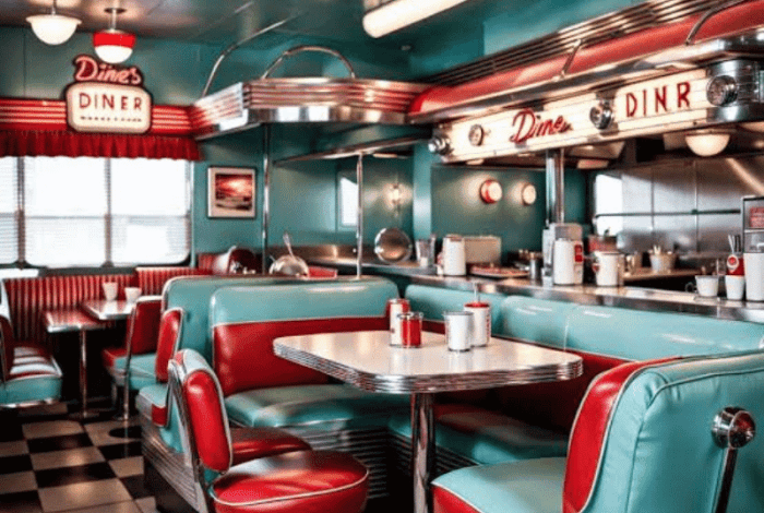 Table, chairs and service counter inside Cafe La Wheels 
