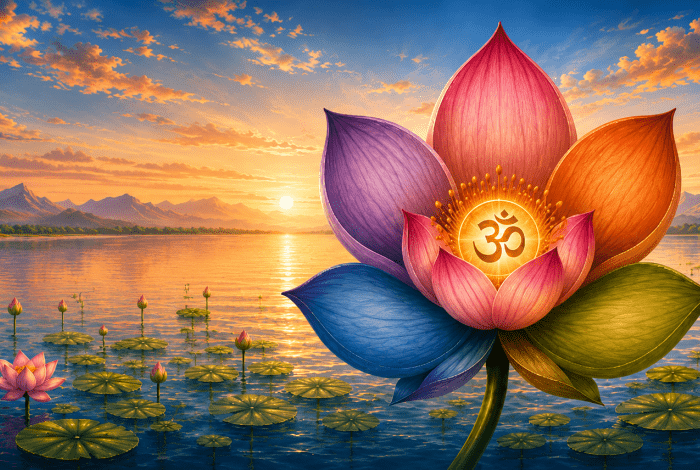 A vibrant multicoloured lotus flower bearing the Om symbol rises from a tranquil lake at sunrise, surrounded by lily pads, distant mountains and reflective golden water.