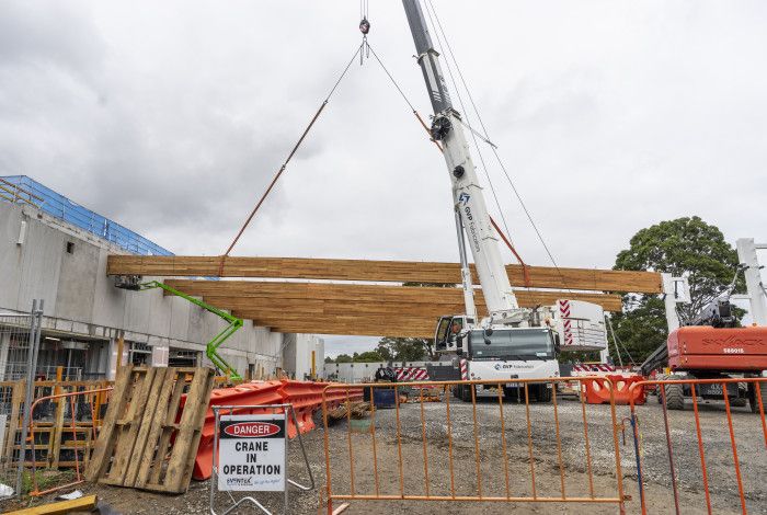 Timber beams being installed