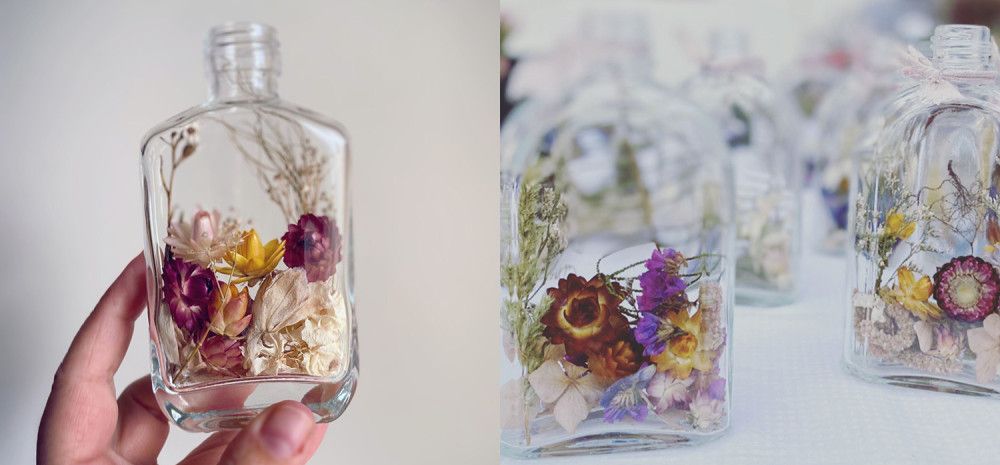 Glass bottles with dried flowers