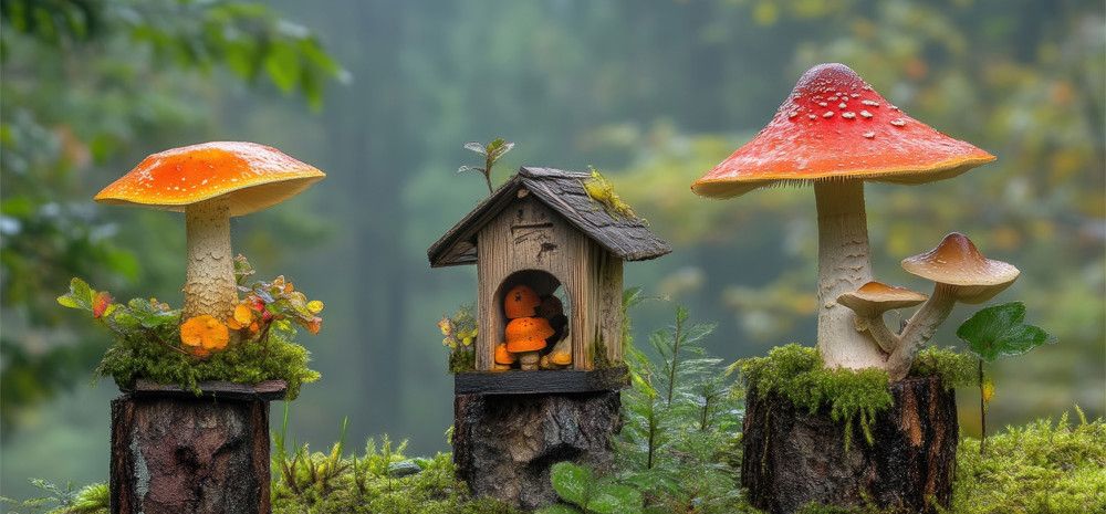 A miniture garden with wooden stumps, mushrooms and home