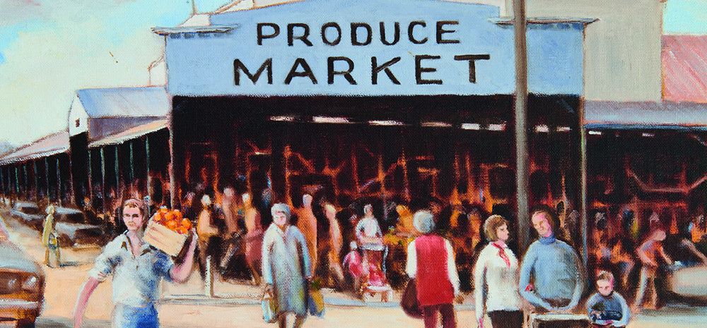 A drawing of people walking at the old Dandenong Market 