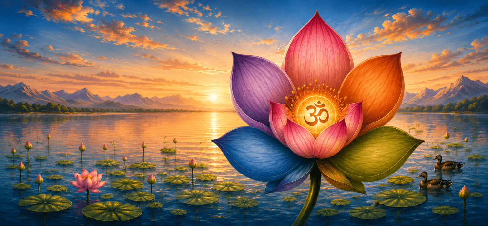 A vibrant multicoloured lotus flower bearing the Om symbol rises from a tranquil lake at sunrise, surrounded by lily pads, distant mountains and reflective golden water.