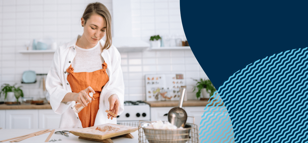 banner with female business owner working from home