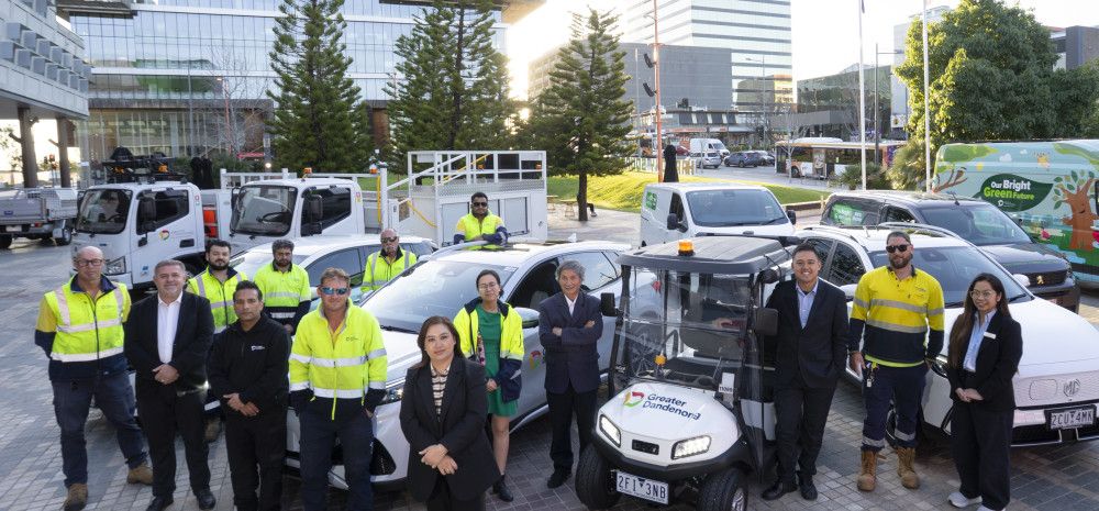 A small crowd of people standing next to a range of electric vehicles