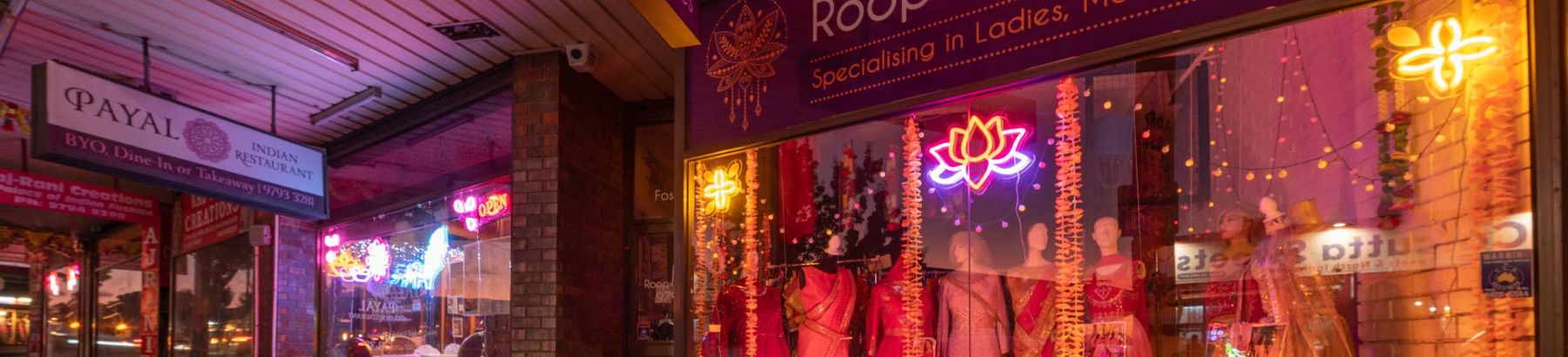 Shops in the Little India Precinct with the neon lighting