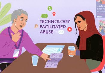 Illustration of two women sitting across a table from each other in the background are the words technology facilitated abuse.