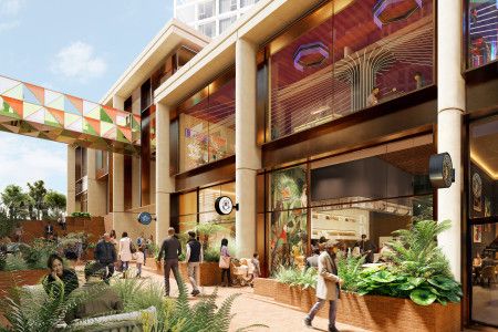 Artist's impression of people walking though a shopping area next to a residential building