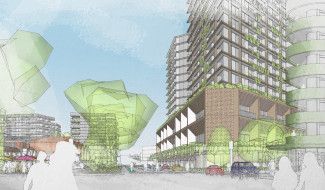 Artist impression from Lonsdale Street/ Clow Street intersection showing tree planting, improved pedestrian amenity and activated buildings.