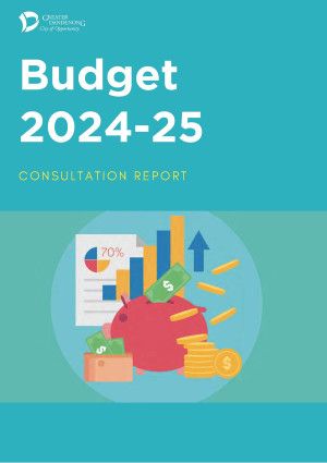 Budget cover with image of piggy bank and graphs